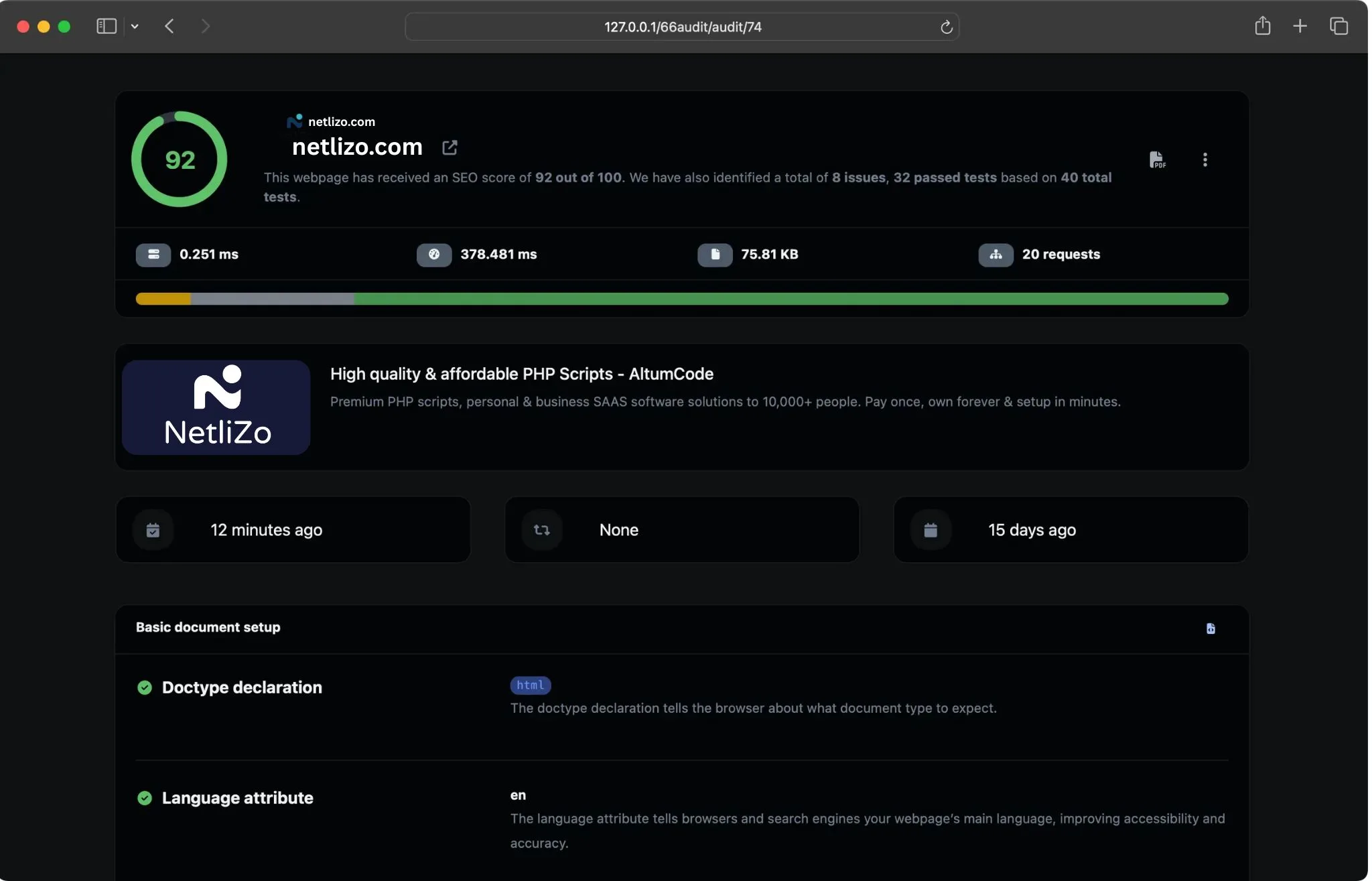 Screenshot of the app dashboard